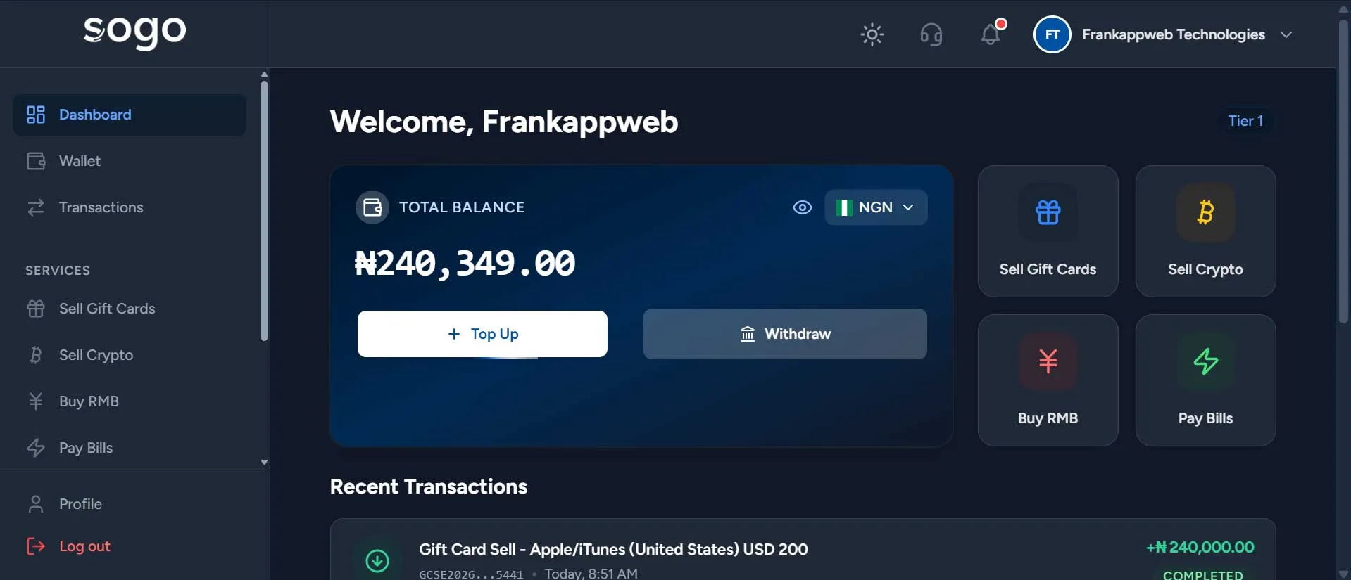 Sogo Dashboard - Manage gift cards, crypto, RMB, and bill payments