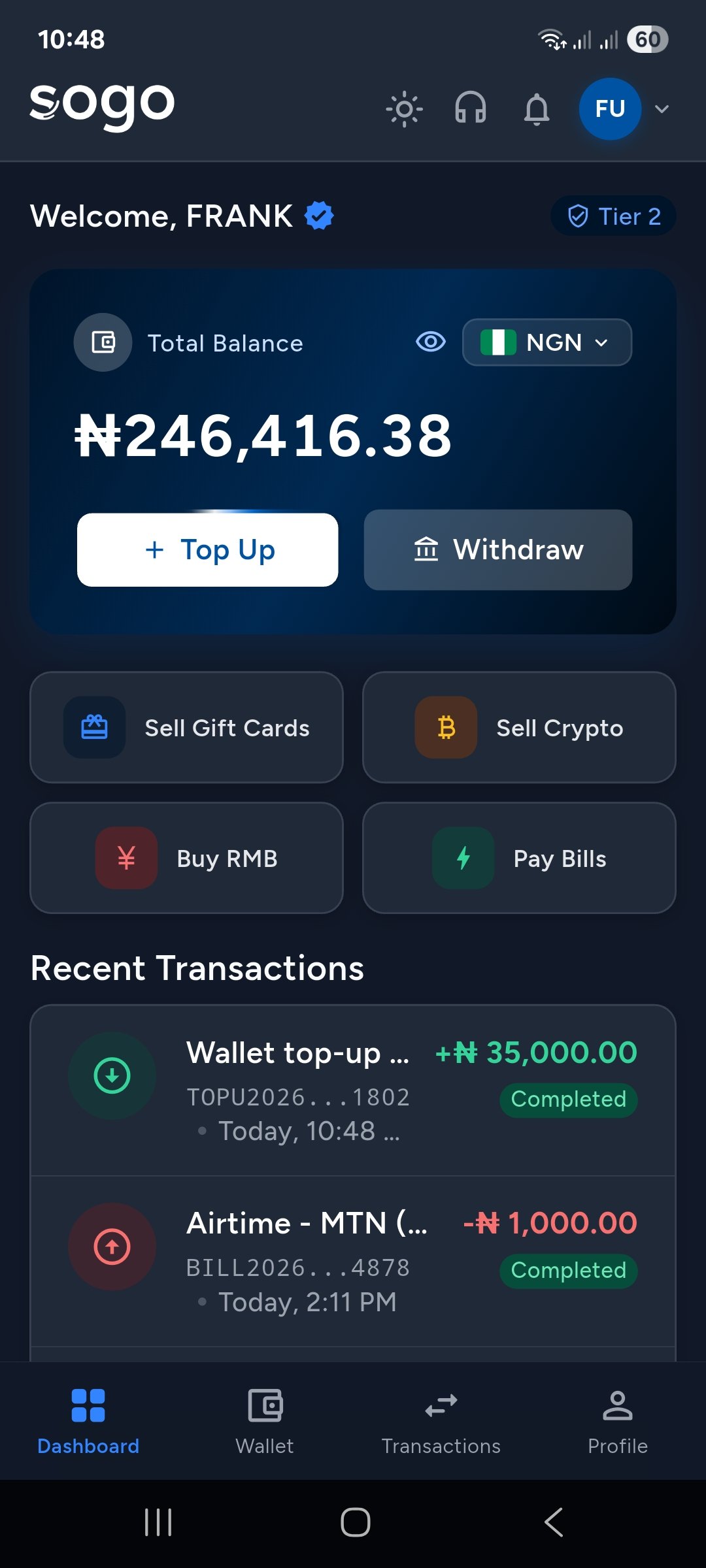 Sogo app dashboard - funding for RMB
